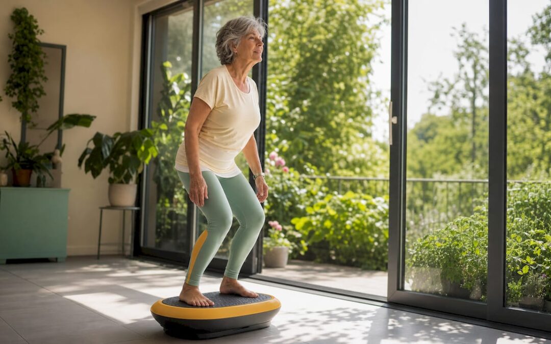 Senior woman using vibration plate at home gym