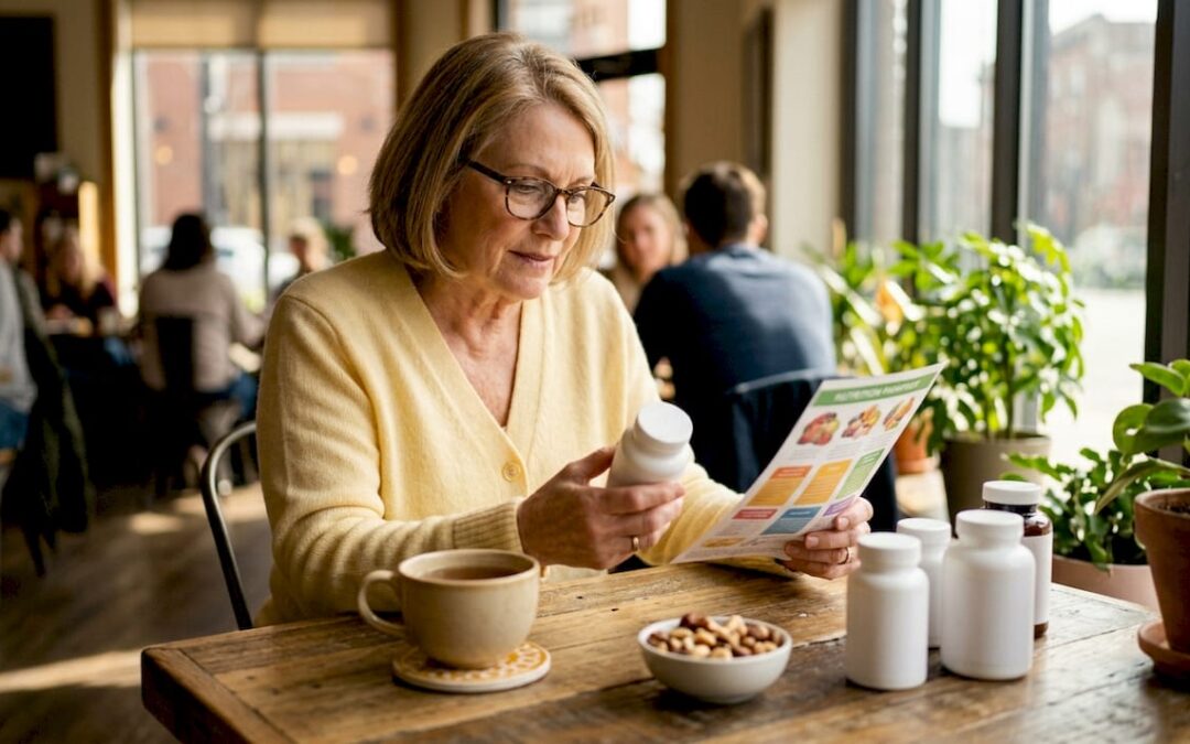 Senior woman reviewing bone density supplements at table