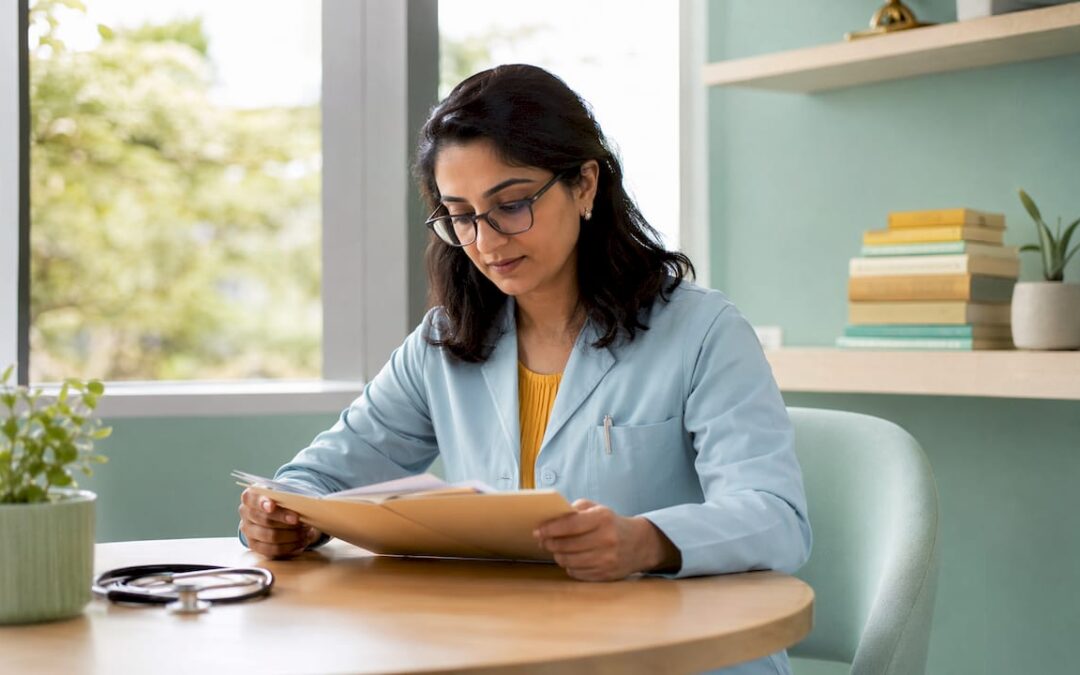 Dermatologist reviewing patient contraindications for therapy