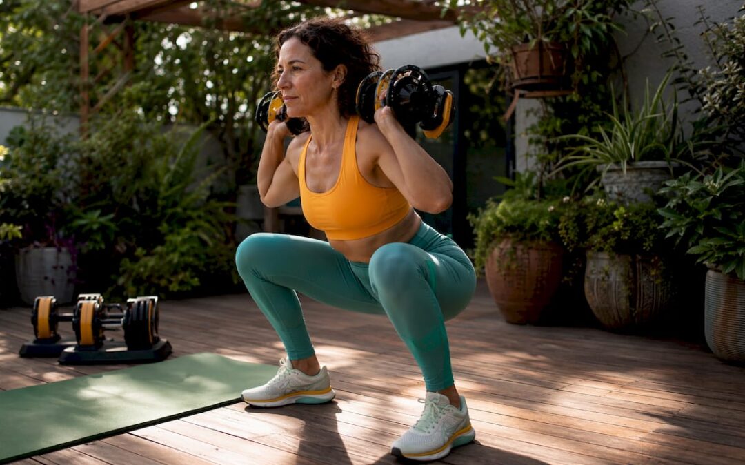 Woman doing weighted squat in home gym