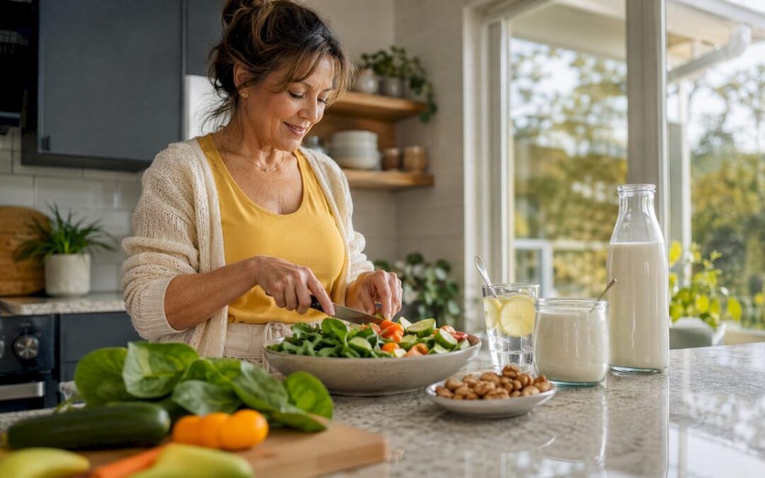 Woman preparing bone-healthy foods in kitchen