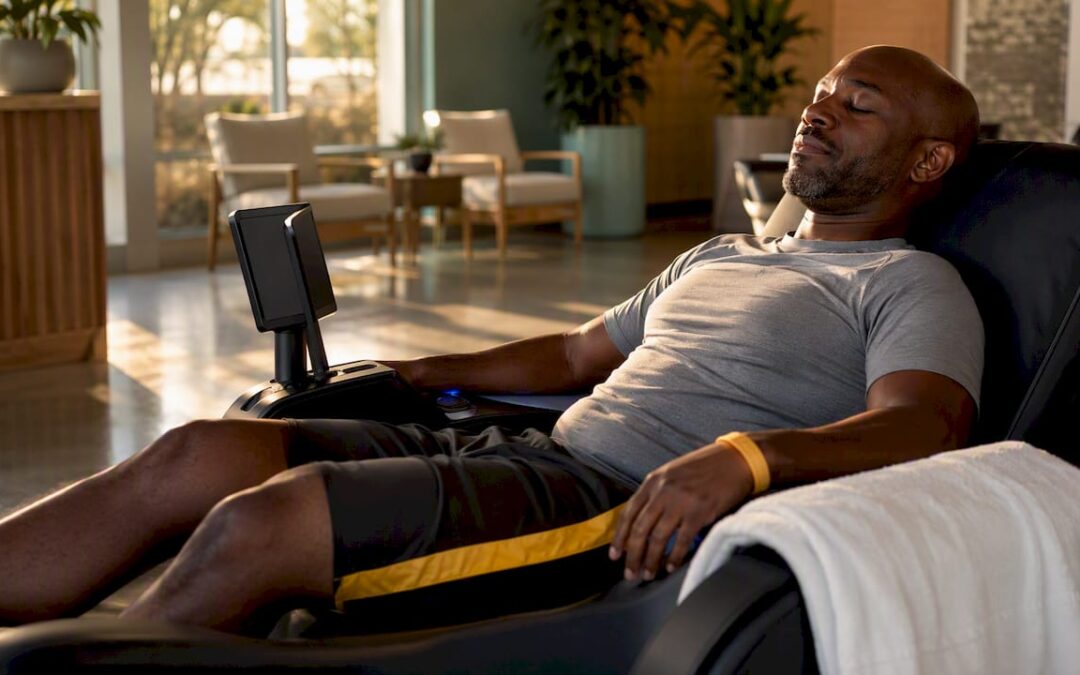 Man enjoying hydromassage session in gym lounge