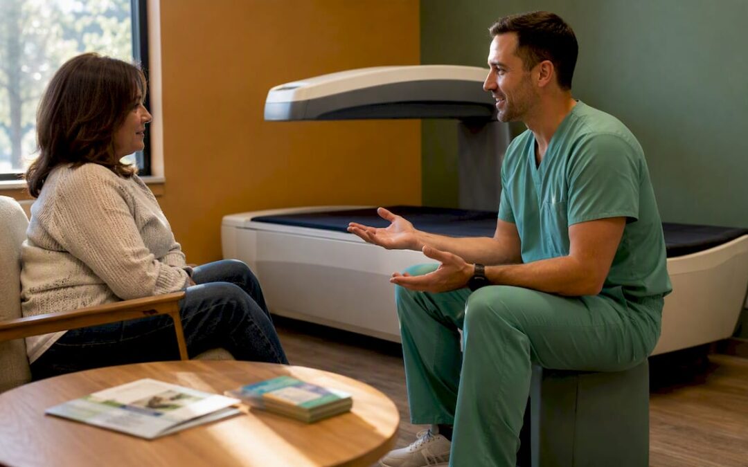 Patient undergoing DEXA scan at medical clinic