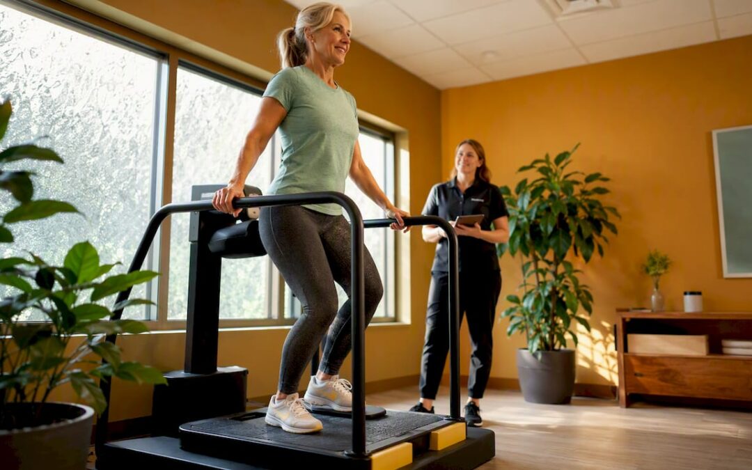 Woman in osteogenic loading session at center