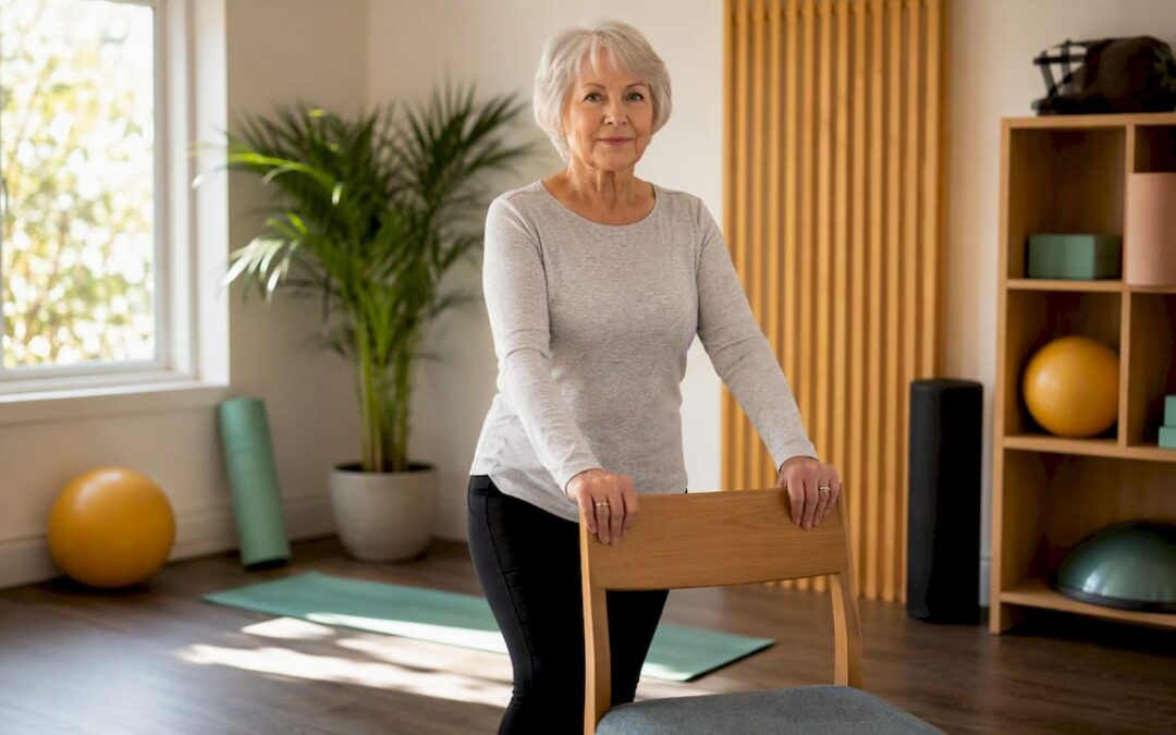 Senior woman doing balance exercise using chair