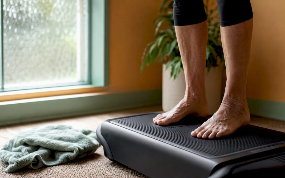Elderly feet on vibration plate platform