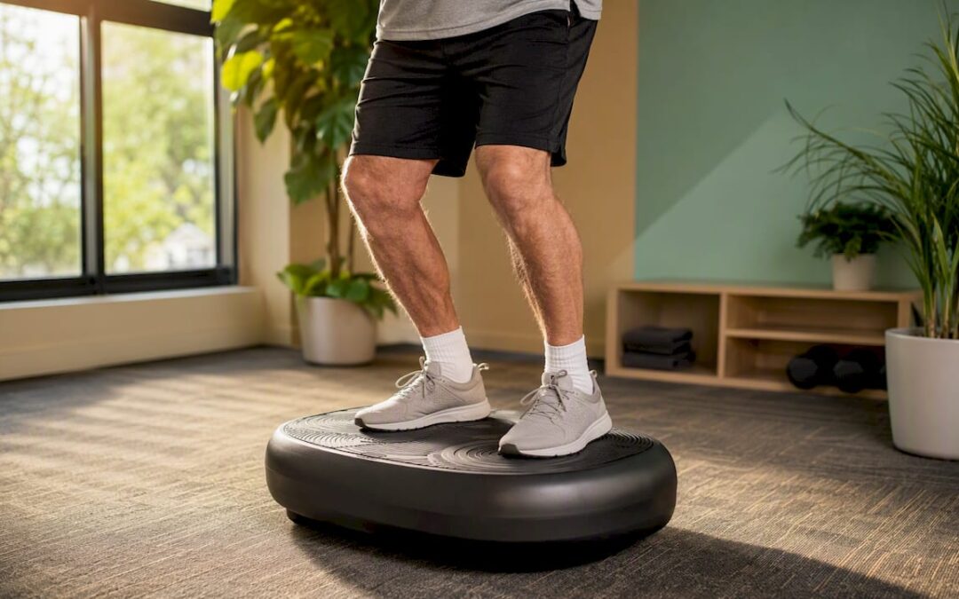 Senior standing on vibration plate with bent knees