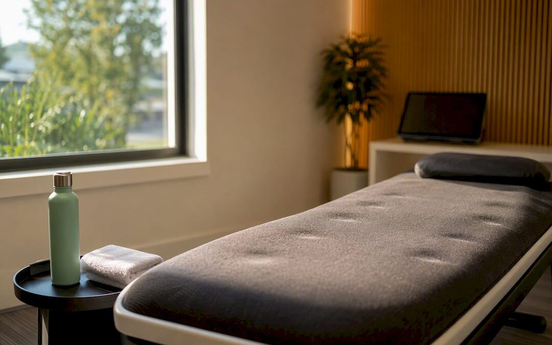 Vibroacoustic therapy padded bed in wellness room