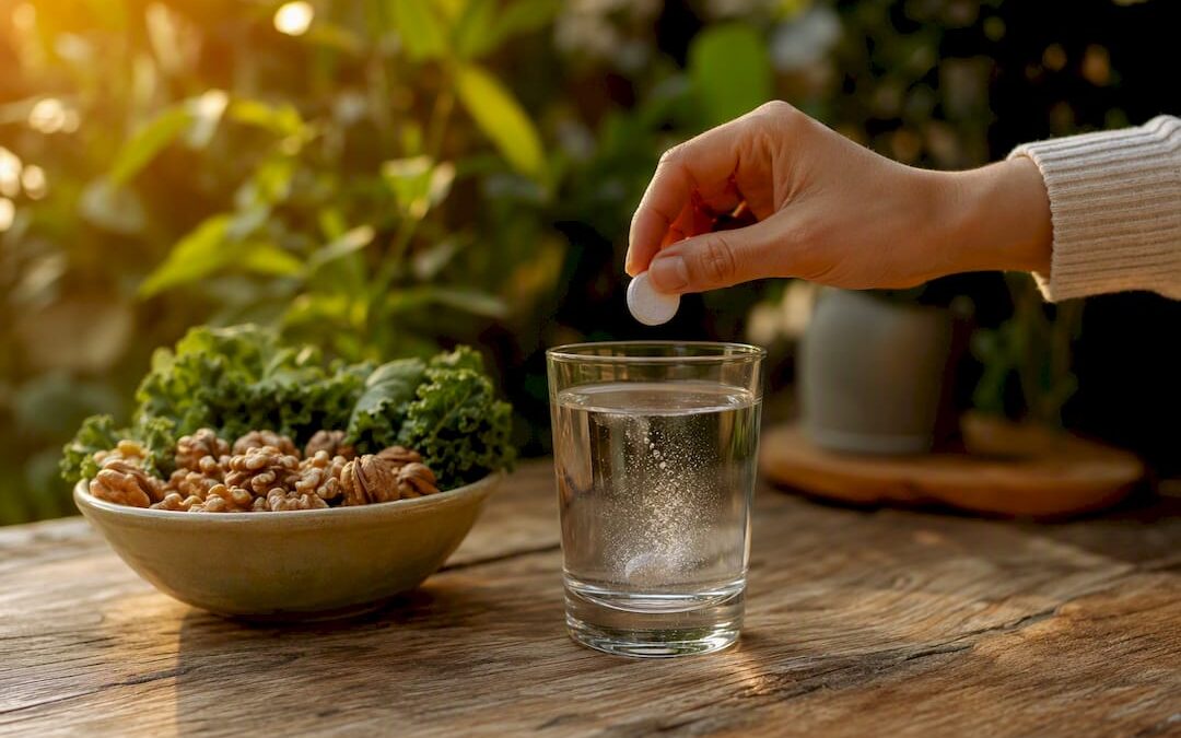 Hand pouring magnesium tablets into a glass of water
