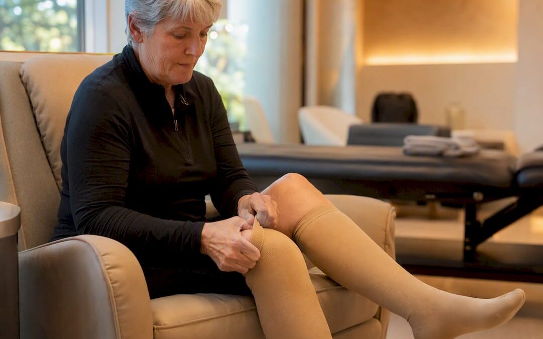 Person adjusting medical compression stocking on leg