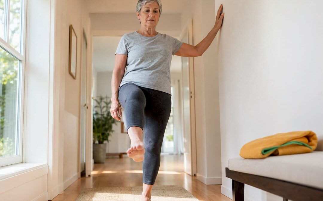 Older adult practicing single-leg balance