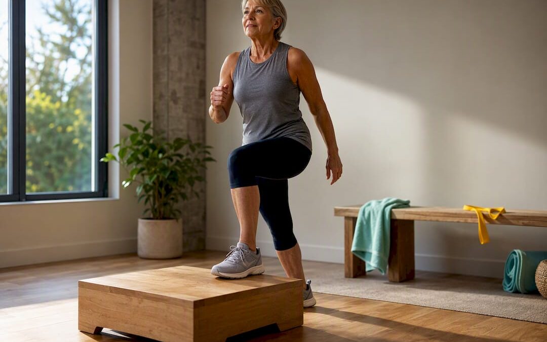 Older woman performing weighted step-up exercise