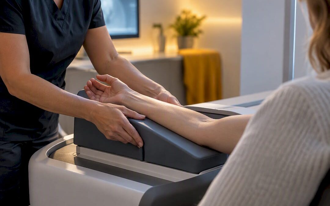 Forearm positioned for bone density imaging