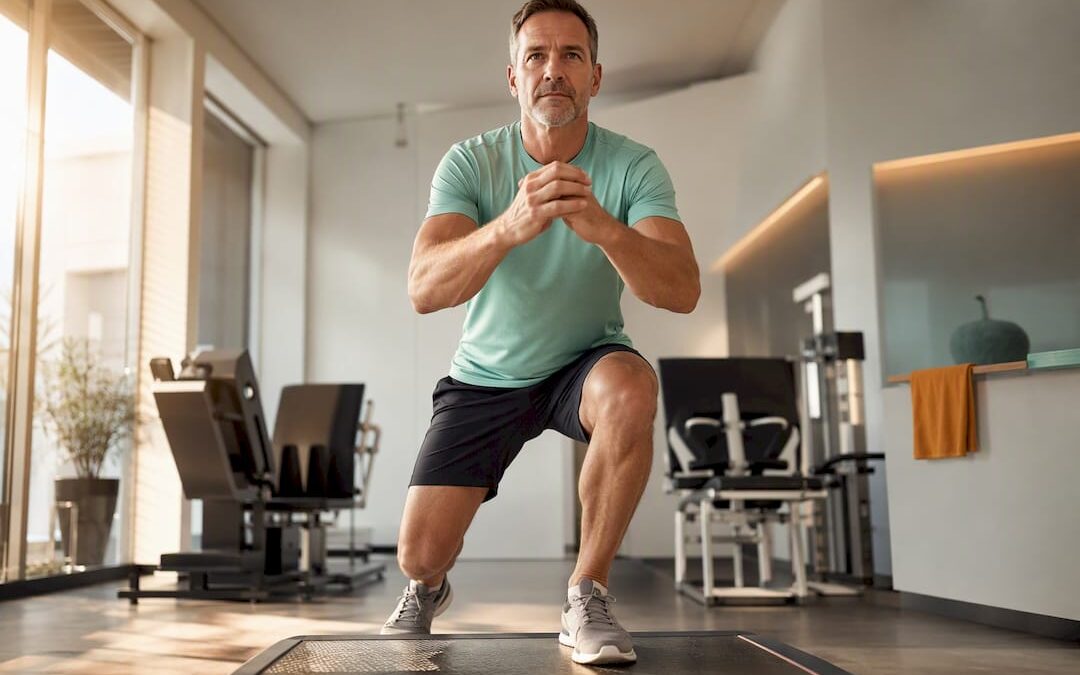 Adult performing controlled osteogenic loading exercise