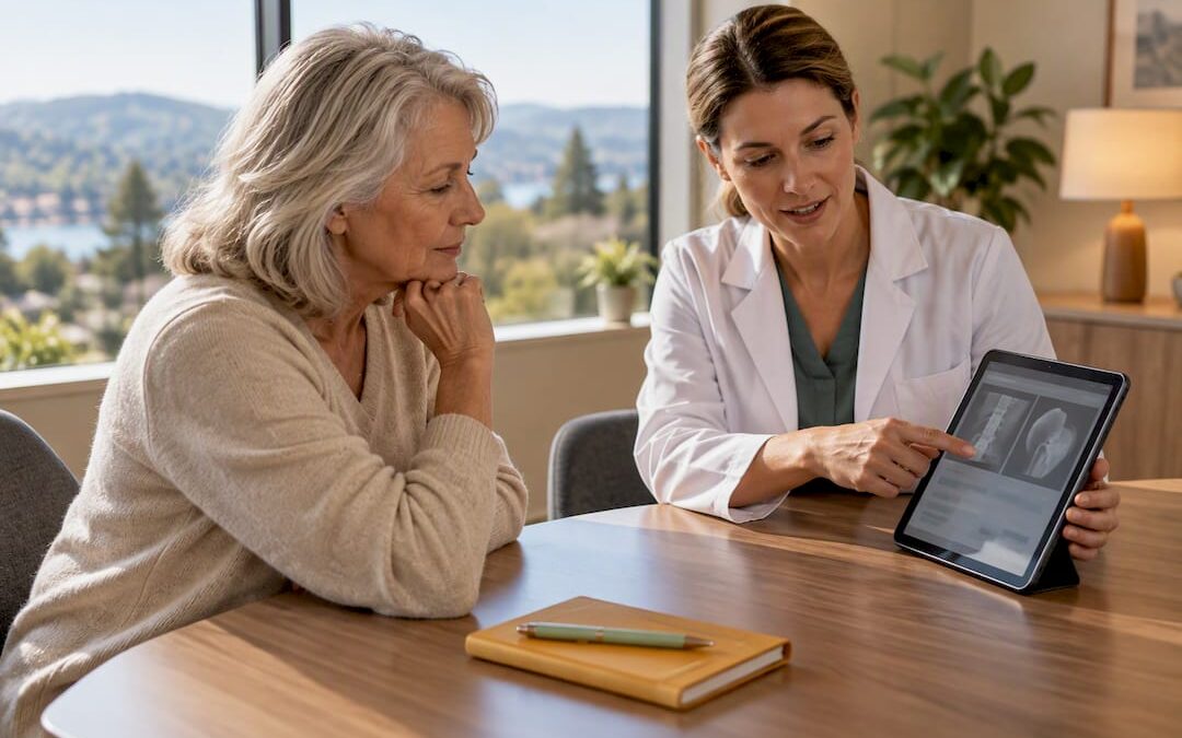 Patient reviewing bone health results with clinician