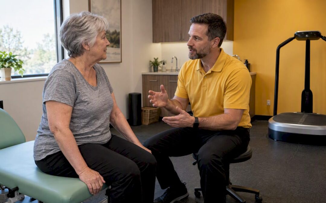 Clinician discussing vibration therapy safety with patient
