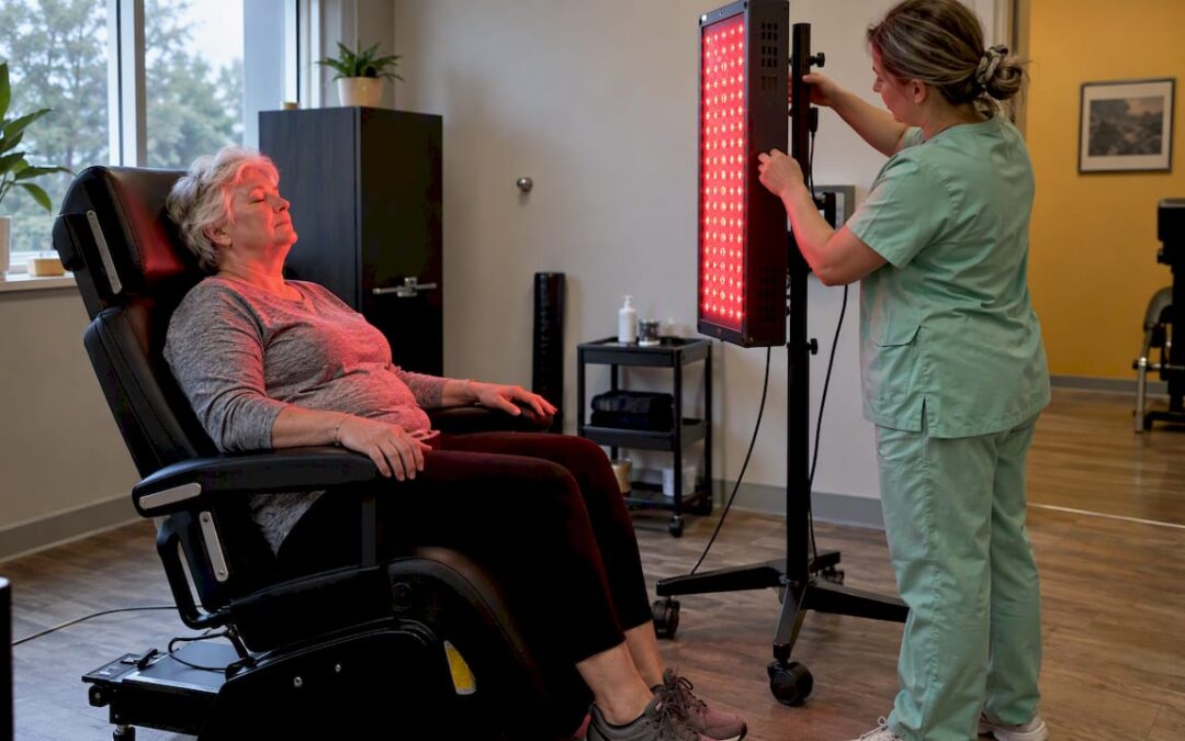 Older client receiving supervised red light therapy