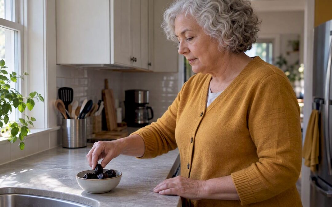 Older woman reaching for dried prunes