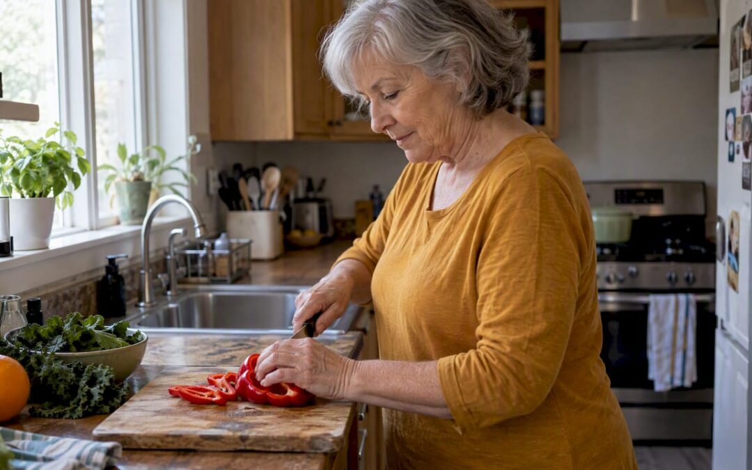 Older woman preparing vitamin C-rich vegetables