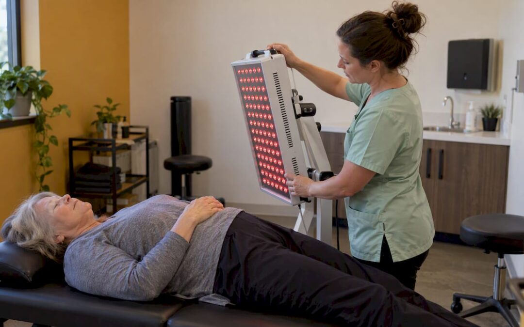 Practitioner positioning red light panel for client