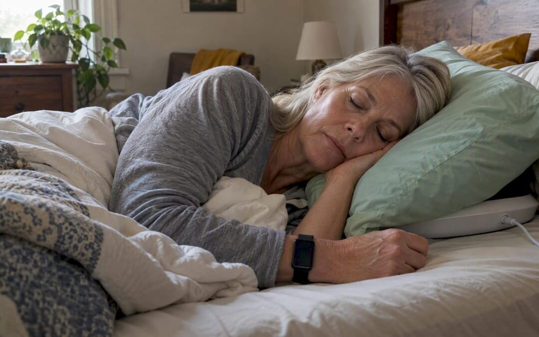 Woman using a portable PEMF sleep trial setup