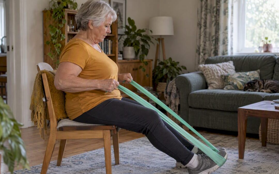 Older woman doing a seated resistance band row