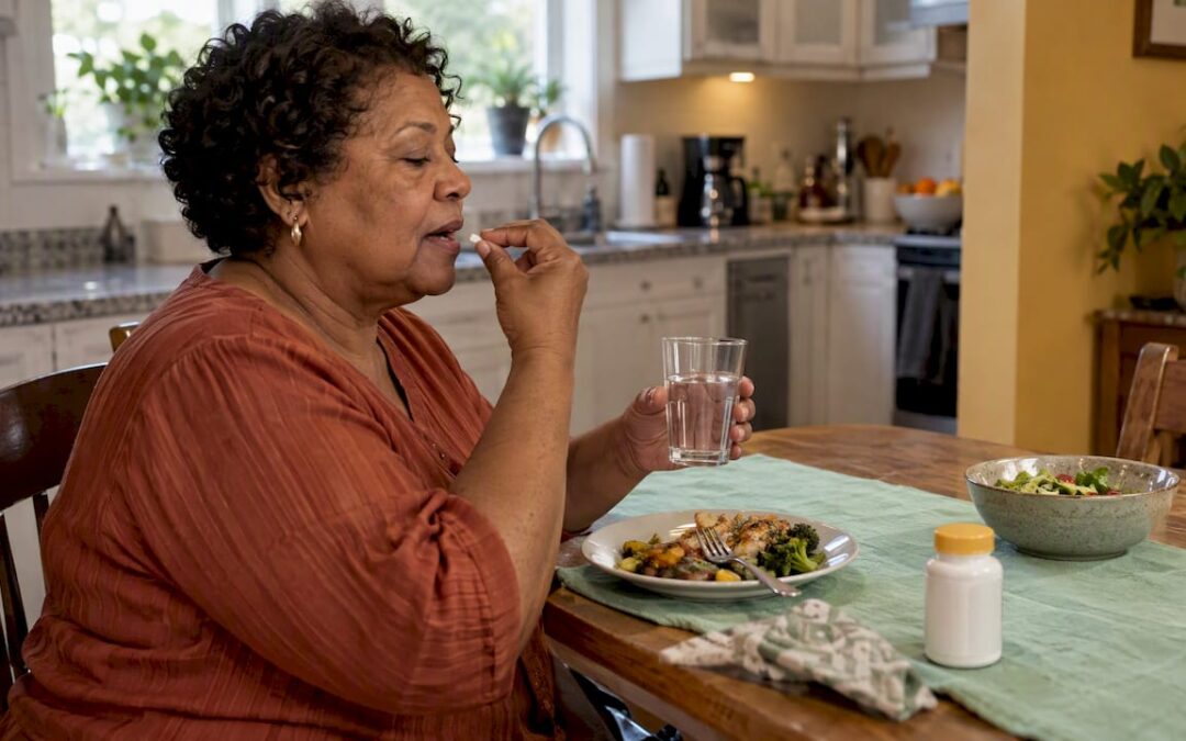 Woman taking calcium with dinner